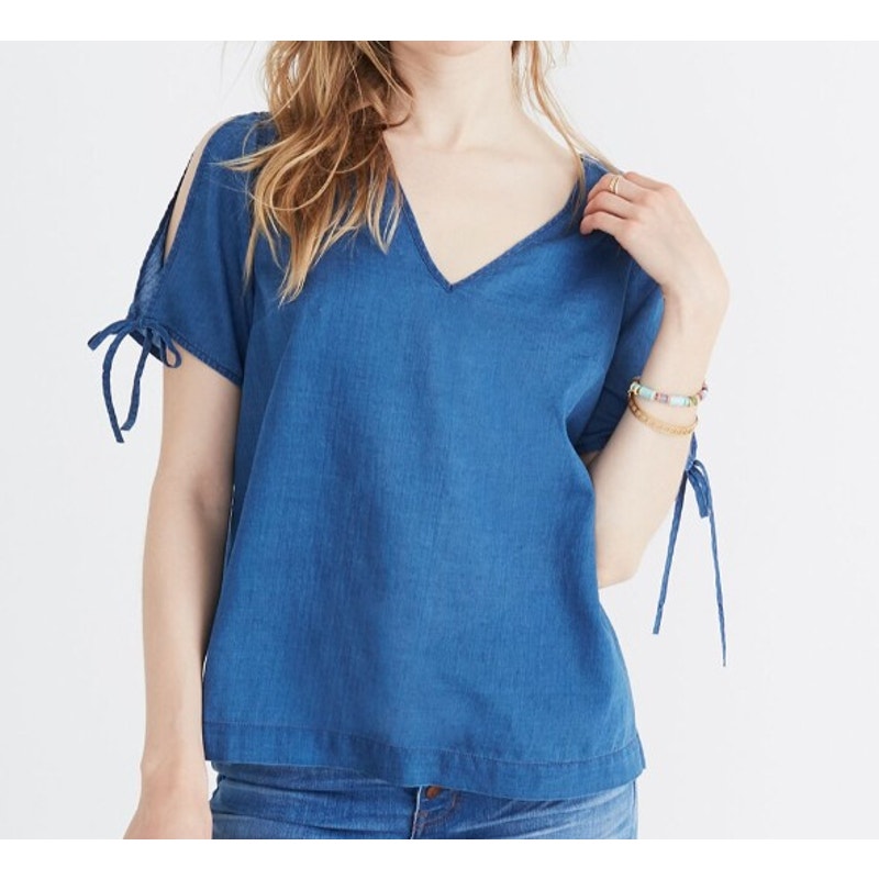 Madewell Indigo Tie-Sleeve Top In Dianne Wash V-Neckline Women's Size Small